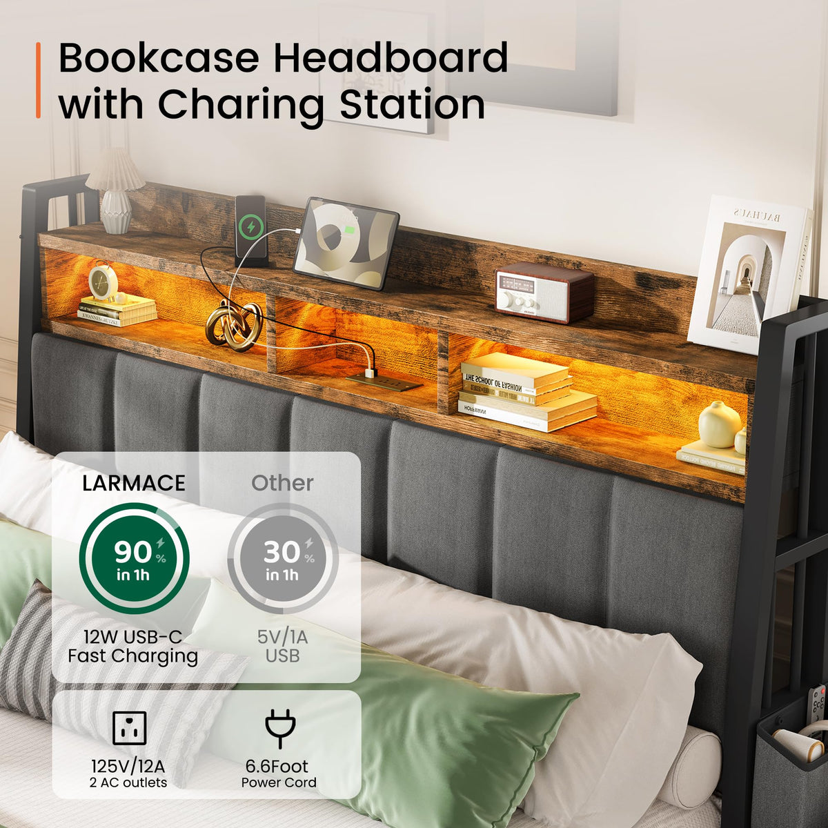 King Size Upholstered Bed Frame with 2 Storage Drawers and Charging Station W911