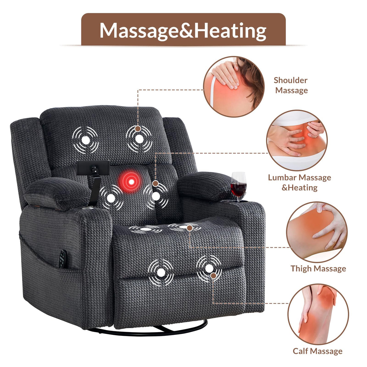 Oversized Power Recliner Chair with Massage and Heat, Grey S128