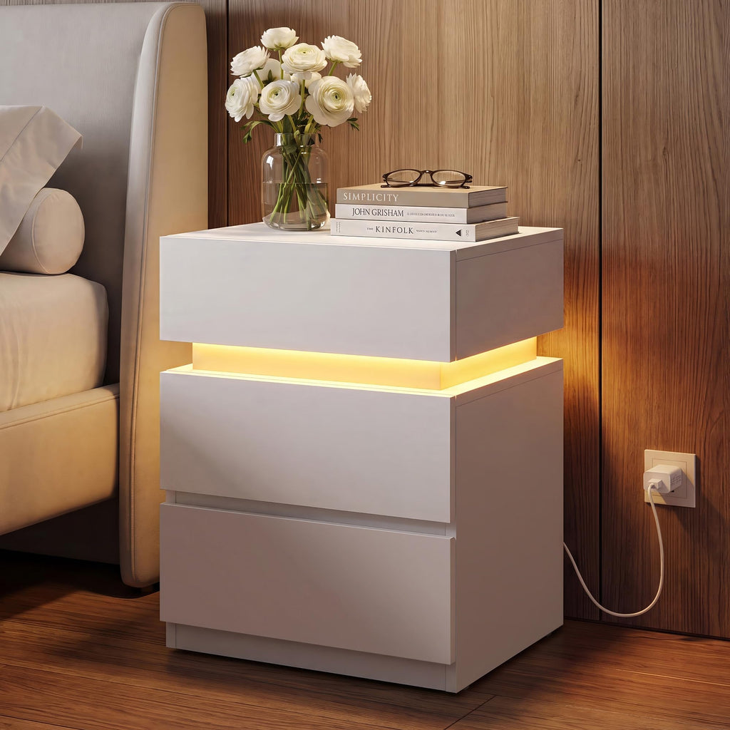 LED Nightstand with Charging Station, 3 Drawers N889624