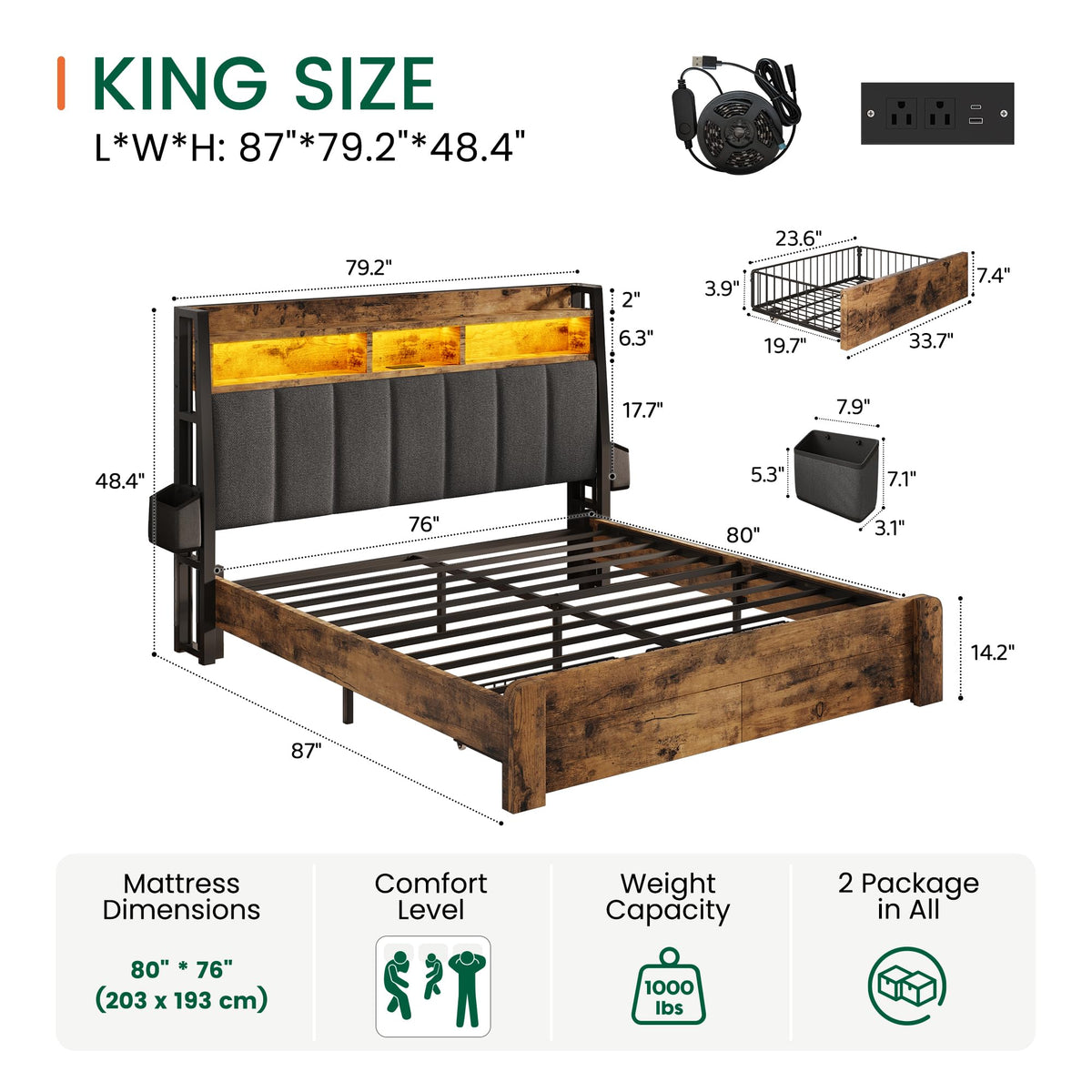 King Size Upholstered Bed Frame with 2 Storage Drawers and Charging Station W911
