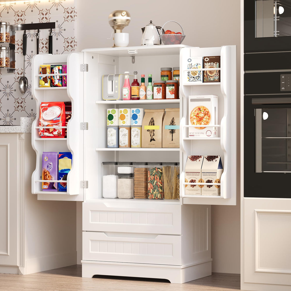 White Pantry Cabinet with 2 Drawers and 6 Door Shelves D3462