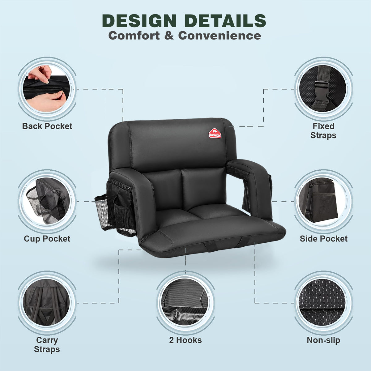 4.7" Thick Cushion 6 Reclining Positions Stadium Seat with Back Support N729322