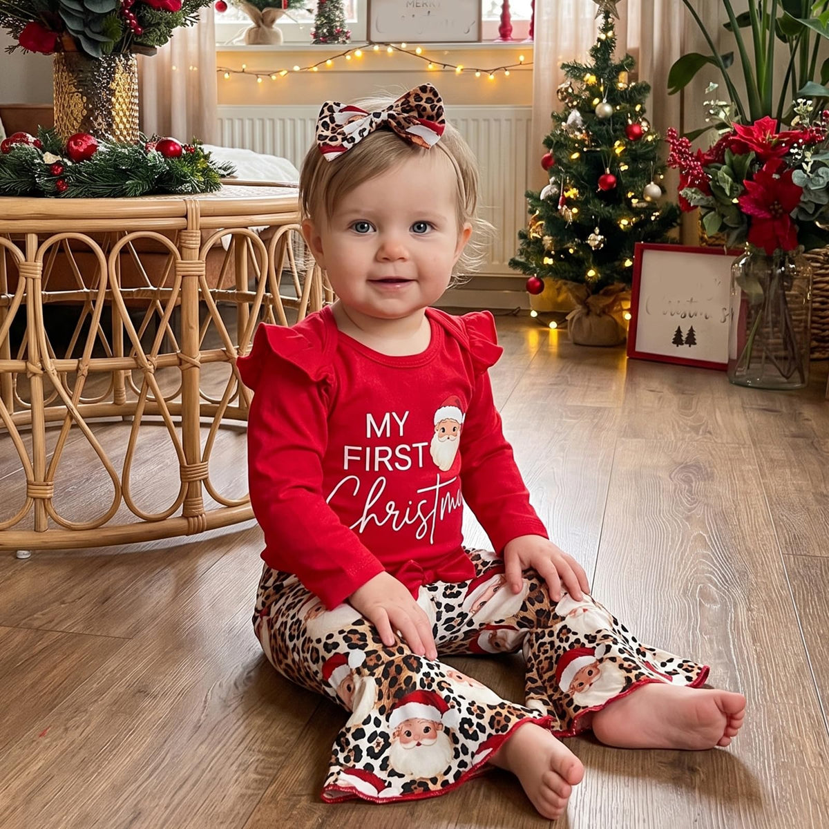 Christmas Baby Girl Outfit Romper Flared Pants Headband H76081