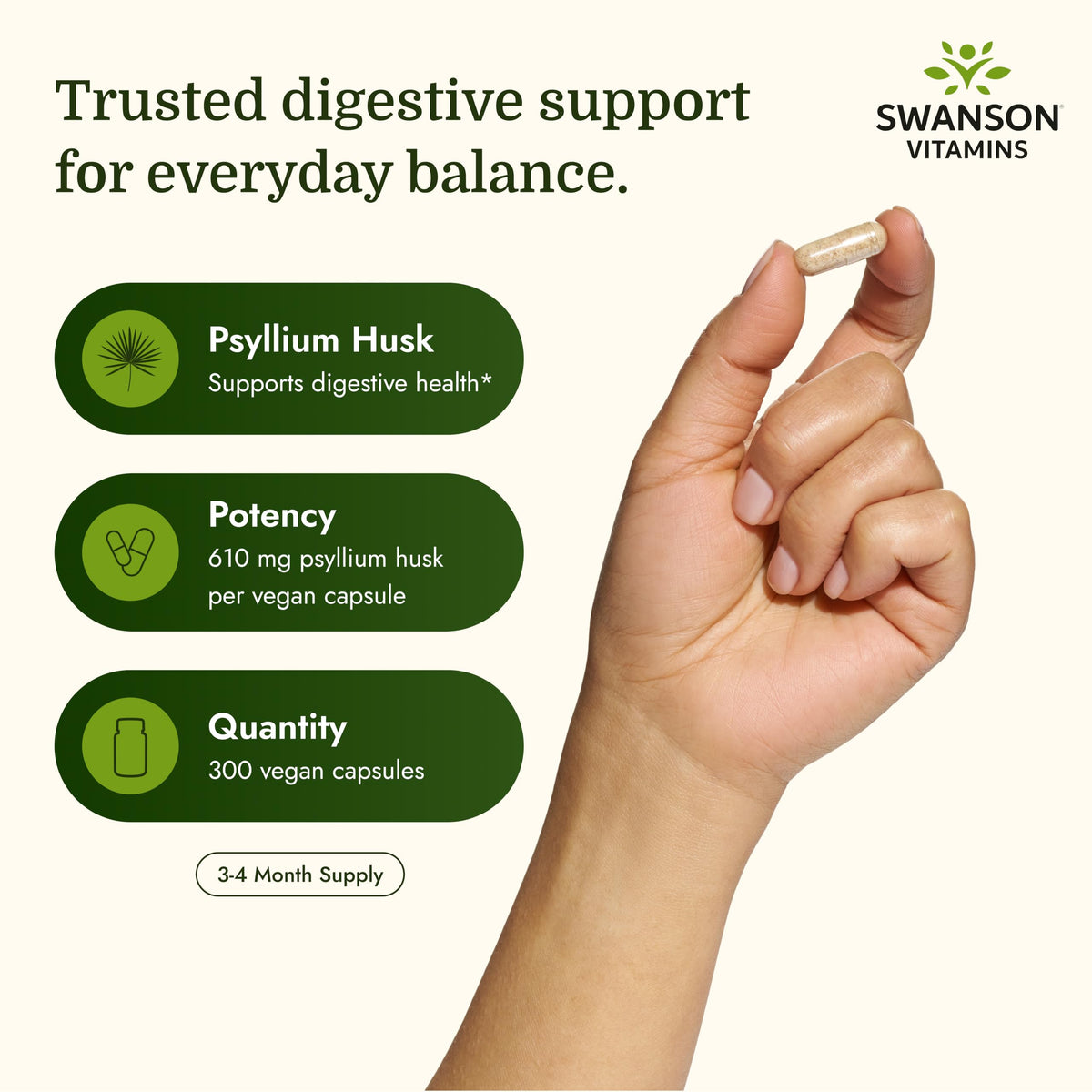 Psyllium Husk Dietary Fiber Supplement, 610 mg, 300 Capsules C32809