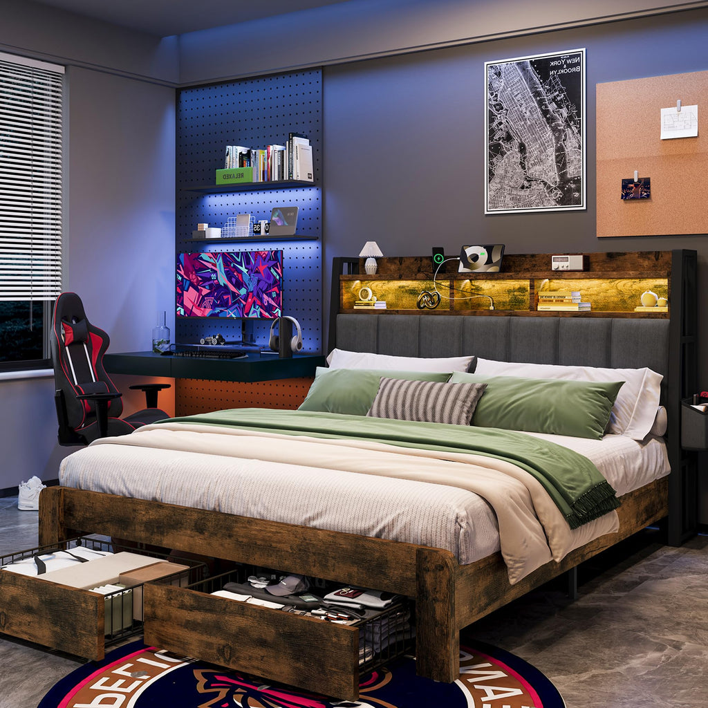 King Size Upholstered Bed Frame with 2 Storage Drawers and Charging Station W911
