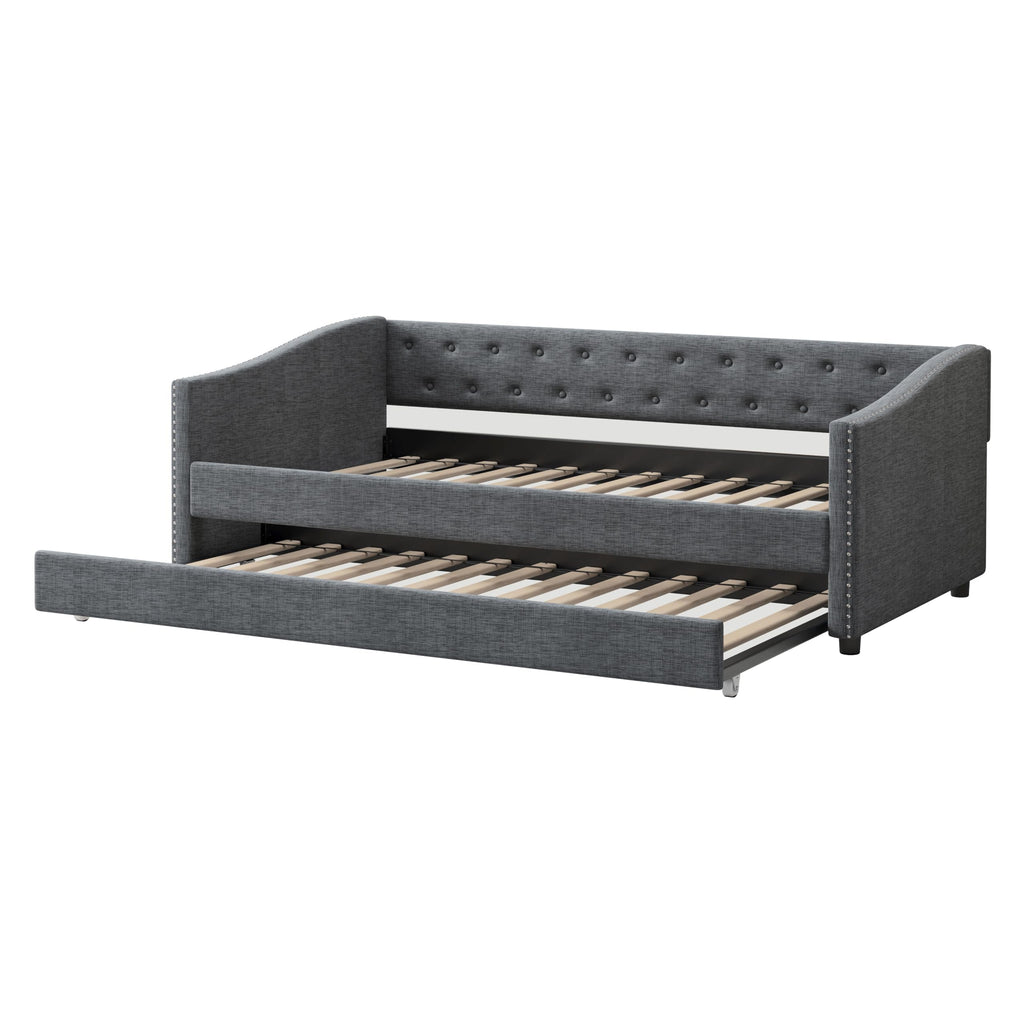 Twin Size Upholstered Daybed Frame with Trundle, Dark Grey O853682
