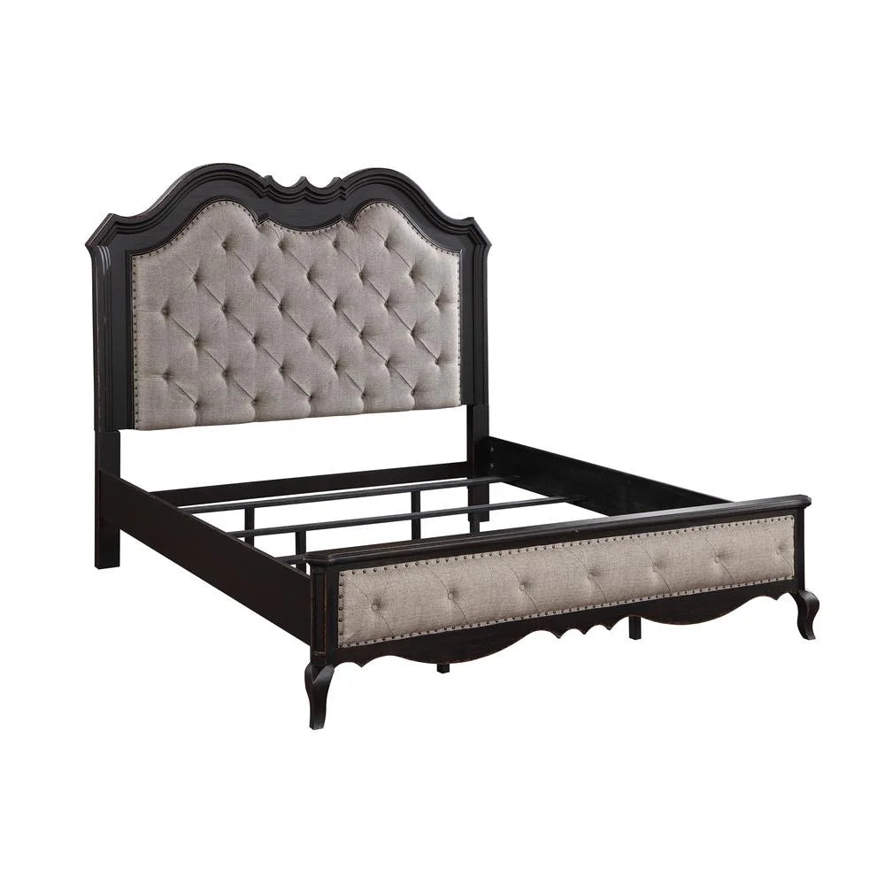 Beige Tufted Fabric Wood Queen Bed Y324