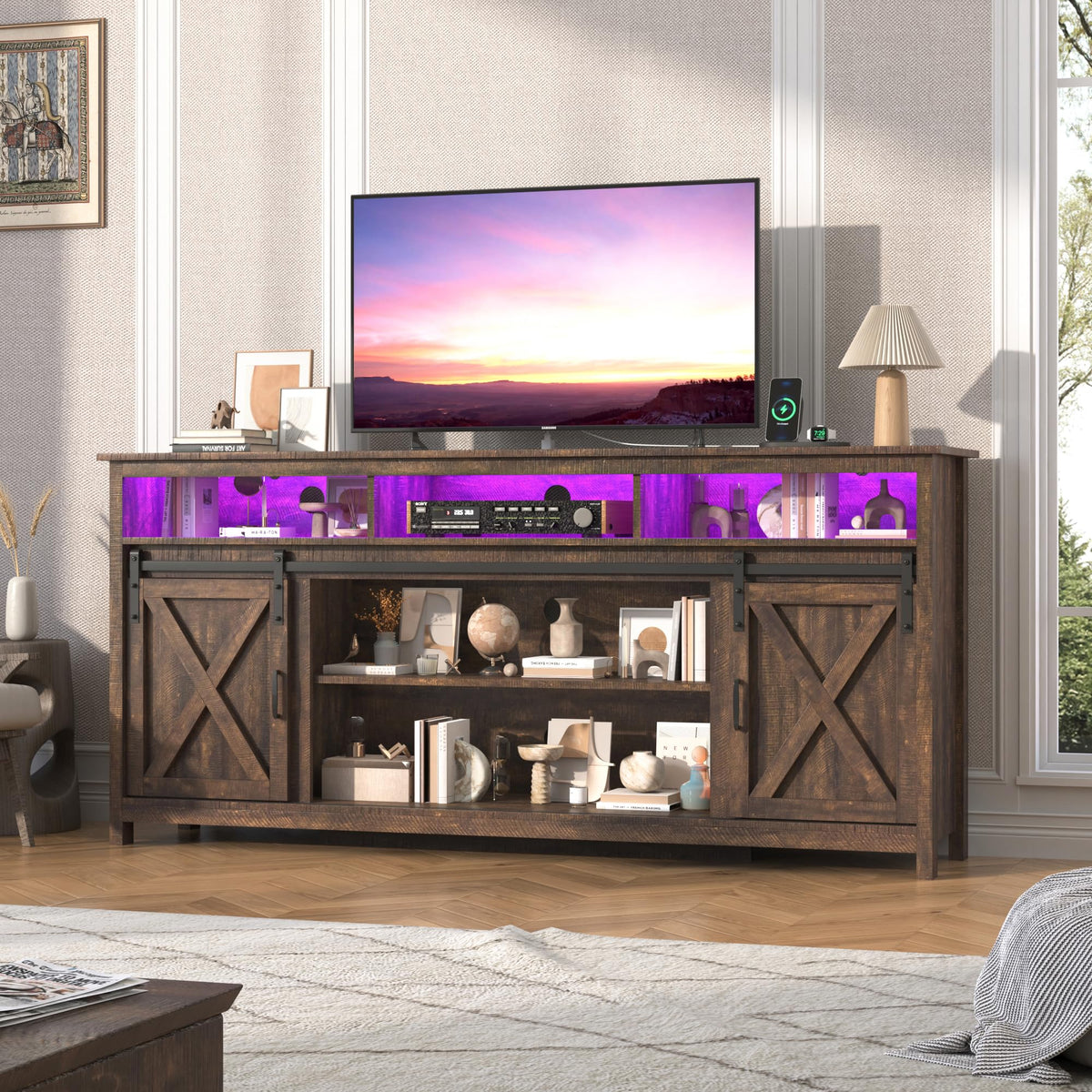 Farmhouse TV Stand with Power Outlet and Sliding Barn Doors A2287
