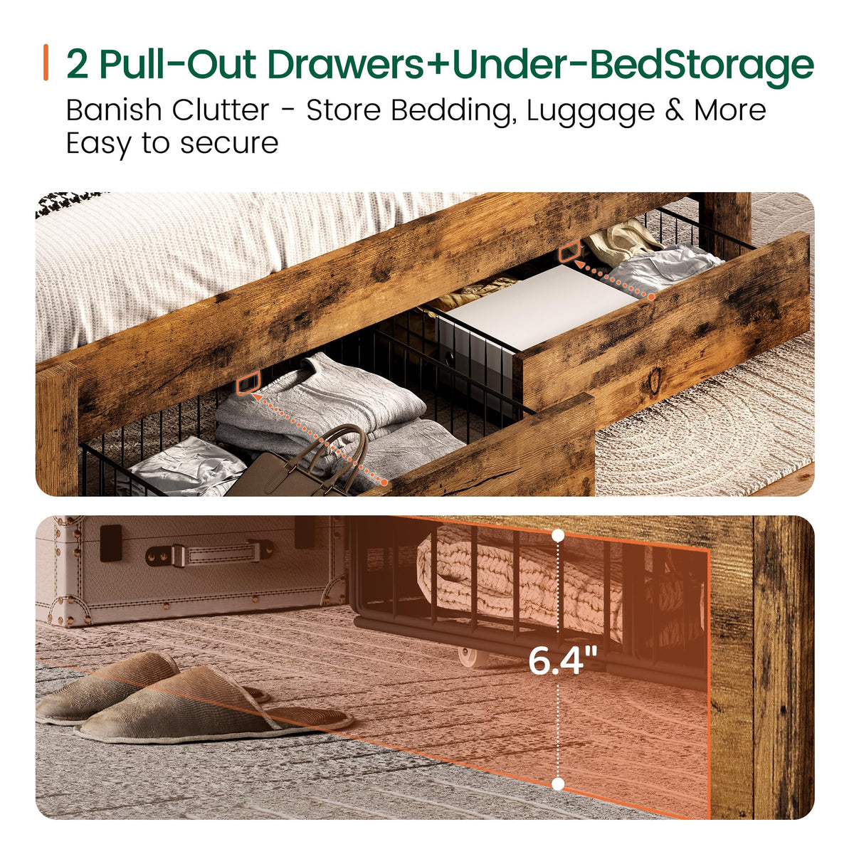 King Size Upholstered Bed Frame with 2 Storage Drawers and Charging Station W911