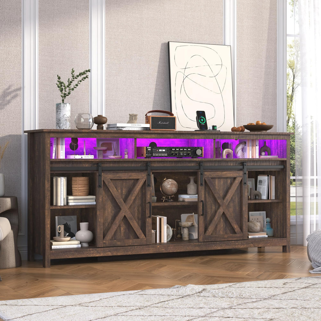 Farmhouse TV Stand with Power Outlet and Sliding Barn Doors A2287