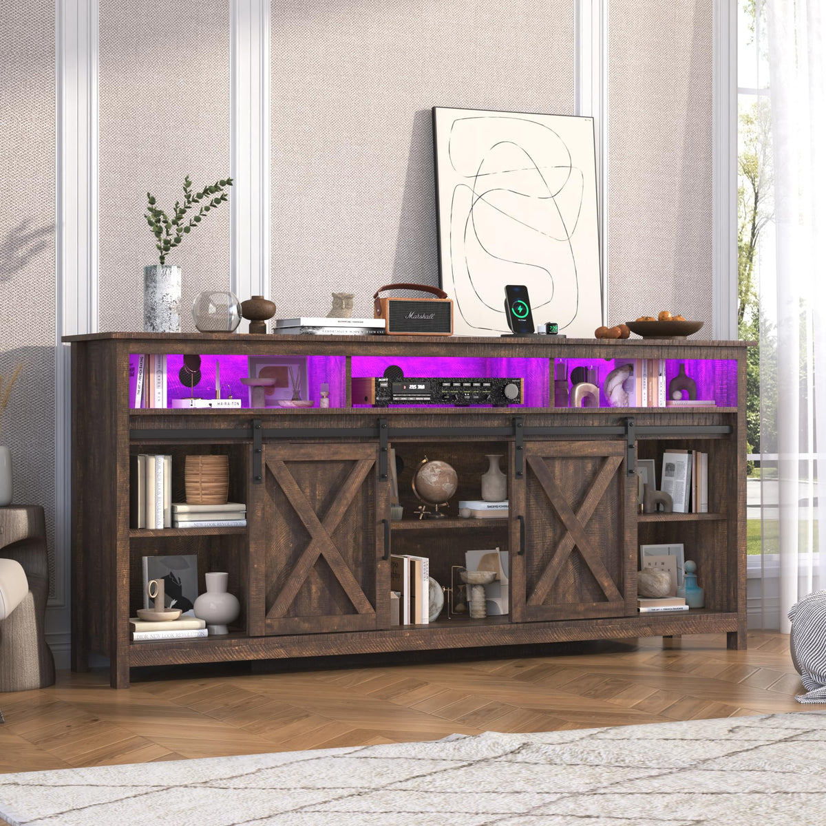 Farmhouse TV Stand with Power Outlet and Sliding Barn Doors A2287