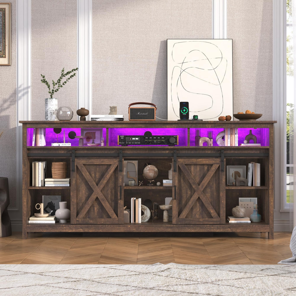Farmhouse TV Stand with Power Outlet and Sliding Barn Doors A2287