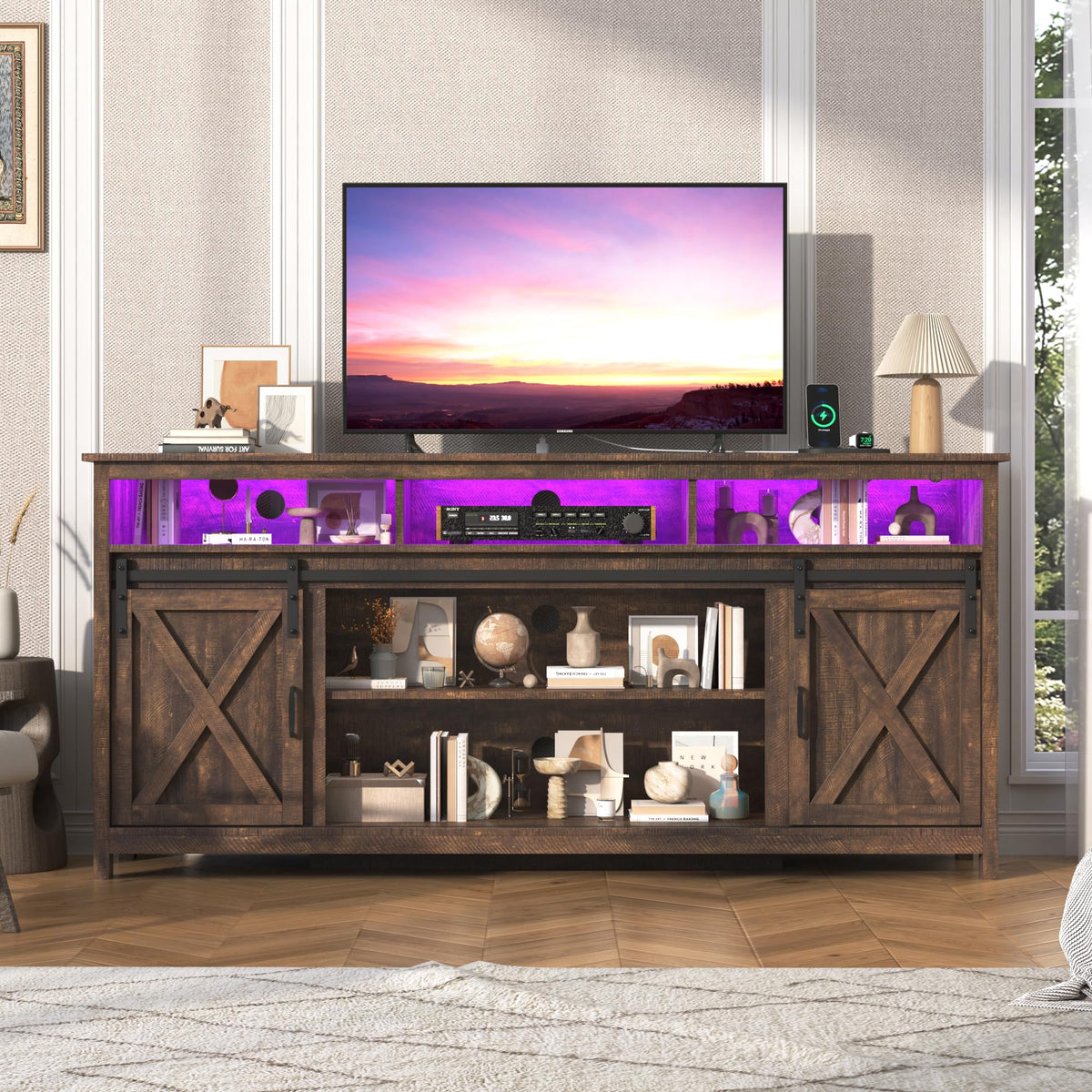 Farmhouse TV Stand with Power Outlet and Sliding Barn Doors A2287