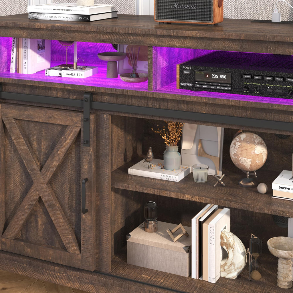 Farmhouse TV Stand with Power Outlet and Sliding Barn Doors A2287