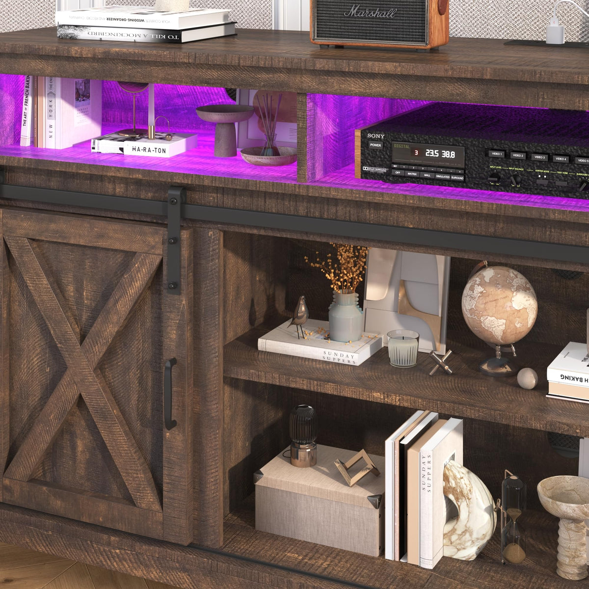 Farmhouse TV Stand with Power Outlet and Sliding Barn Doors A2287