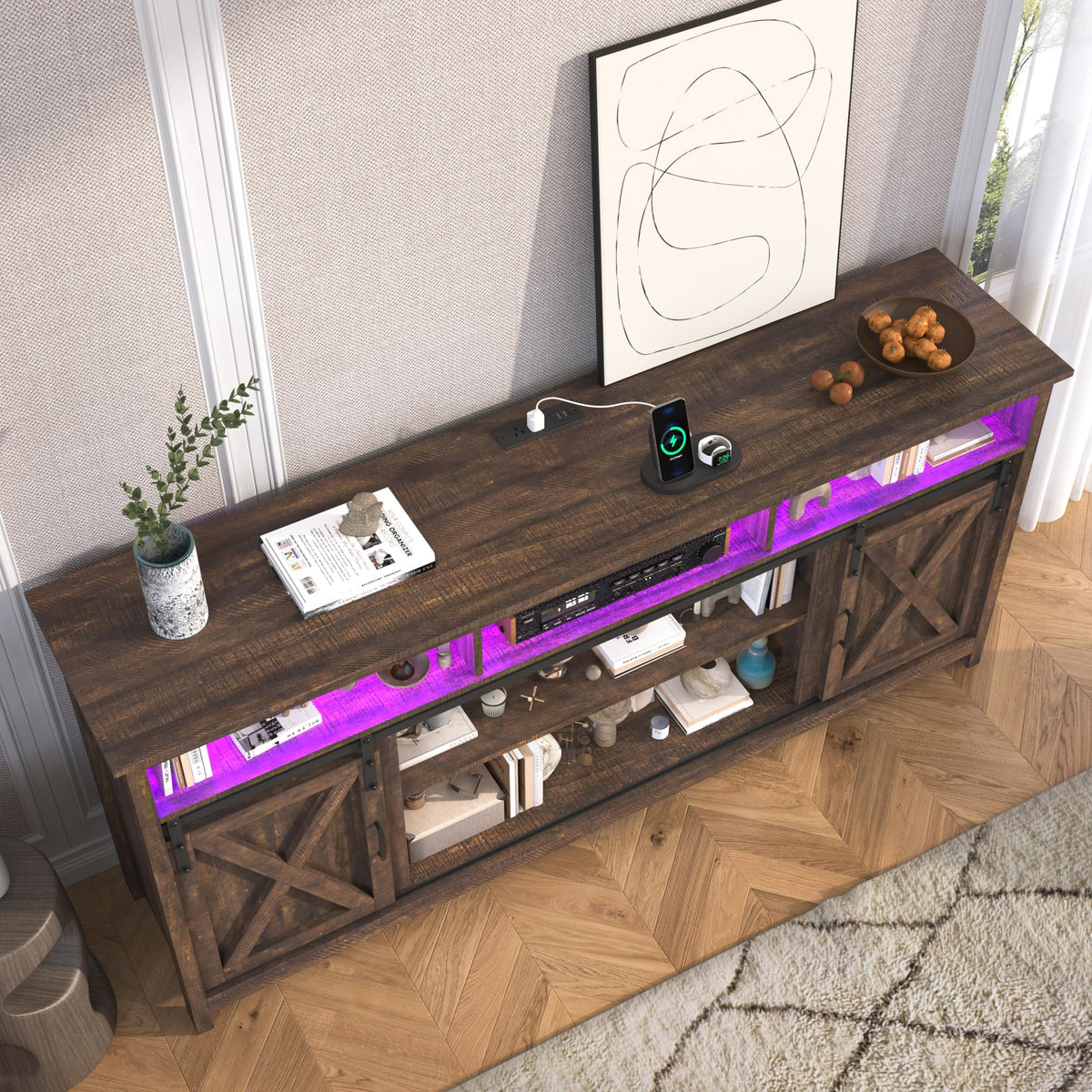 Farmhouse TV Stand with Power Outlet and Sliding Barn Doors A2287