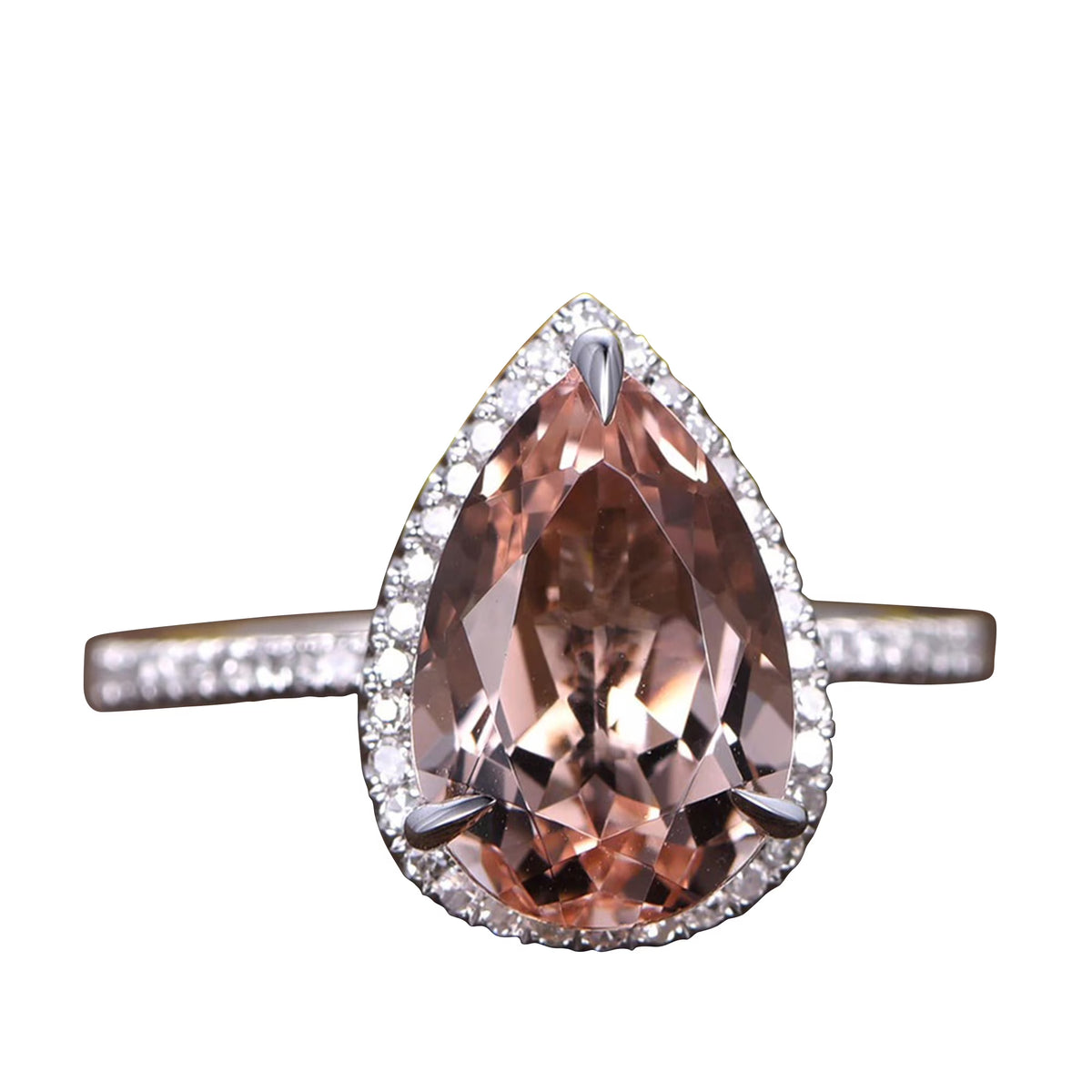 11x8mm Teardrop Pear Shape Morganite Engagement Ring 10k White Gold Diamond Moissanite Stacking Band W4171