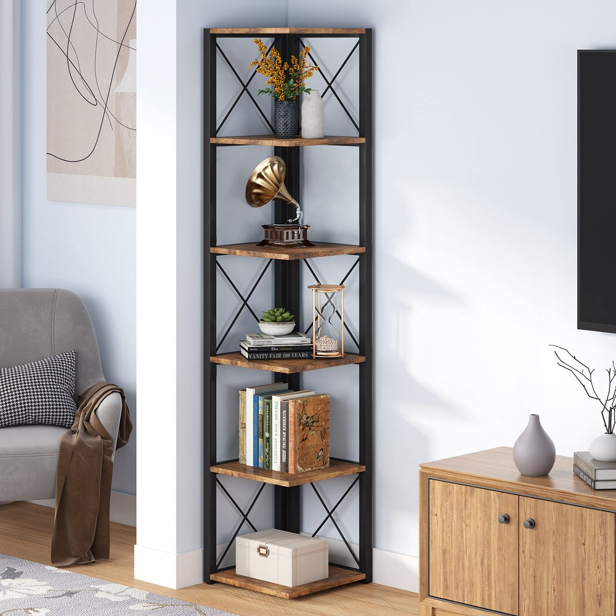 70.8 Inch Tall Brown 6-Tier Corner Bookcase N181415