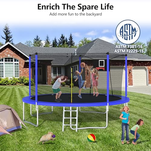 12FT 14FT 15FT 16FT Trampoline with Basketball Hoop, Ladder and Safety Enclosure Net S232869