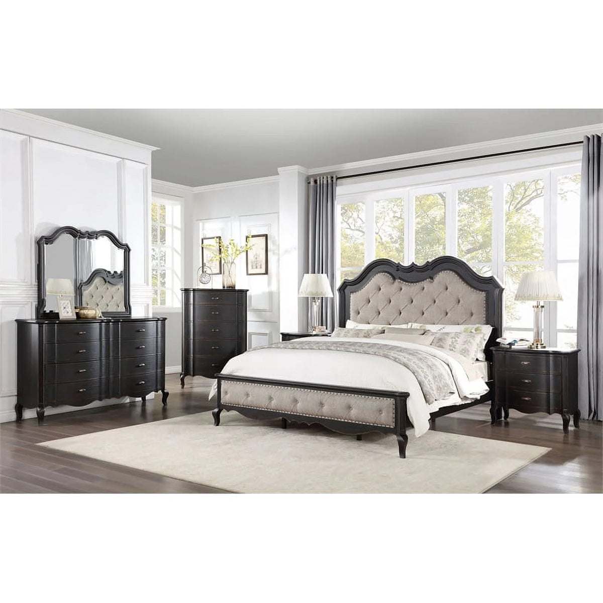Beige Tufted Fabric Wood Queen Bed Y324