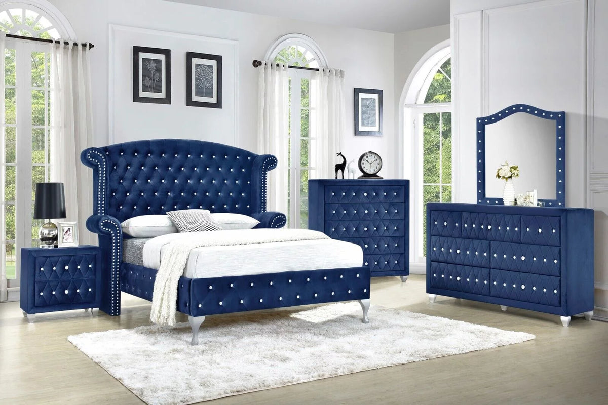5Pc King Size Bed Dresser Mirror Nightstand Set Blue Velvet R368